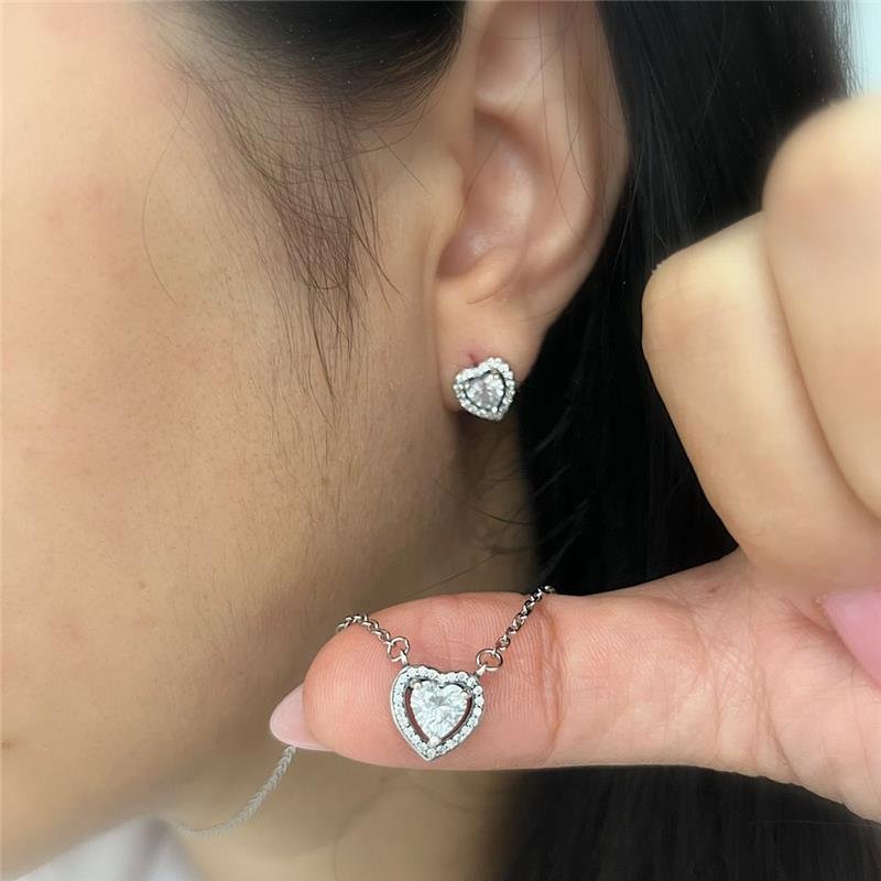 CONJUNTO PANDORA CORAÇÃO CRISTAL CRAVEJADO PRATA 925