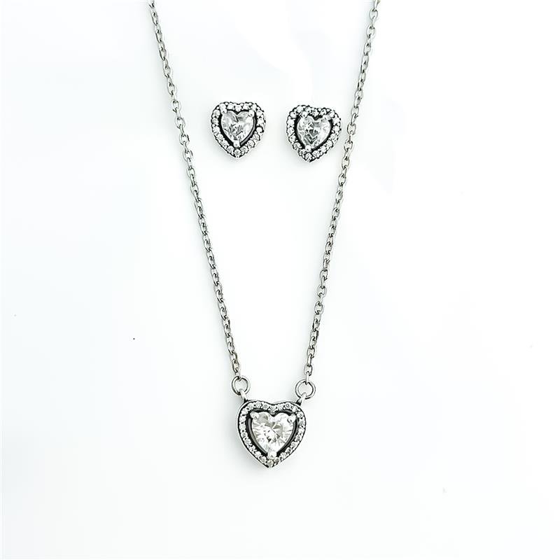 CONJUNTO PANDORA CORAÇÃO CRISTAL CRAVEJADO PRATA 925