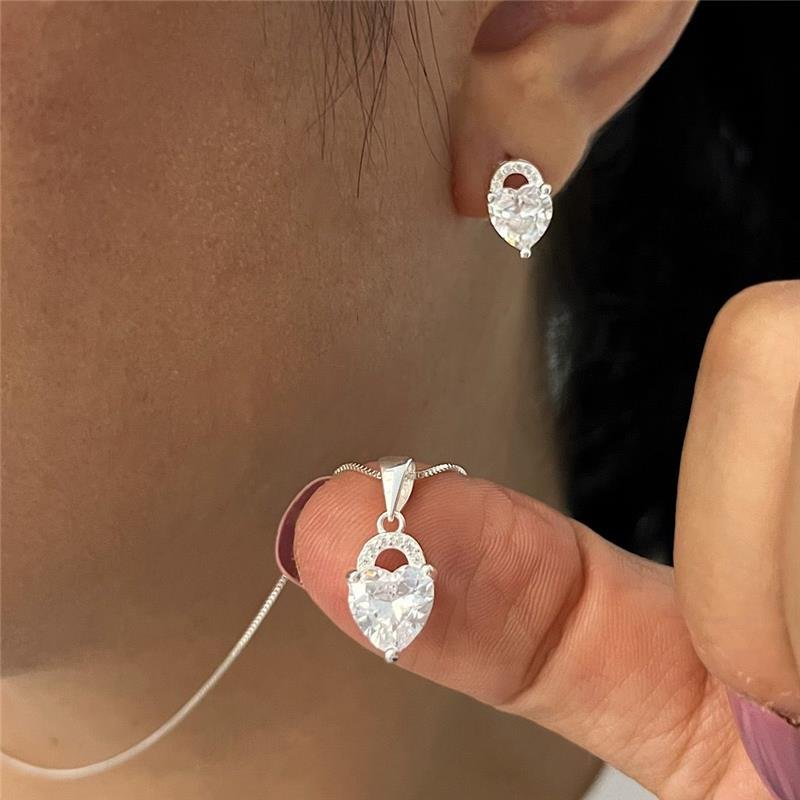 CONJUNTO 3 PEÇAS CORAÇÃO CRAVEJADO PRATA 925