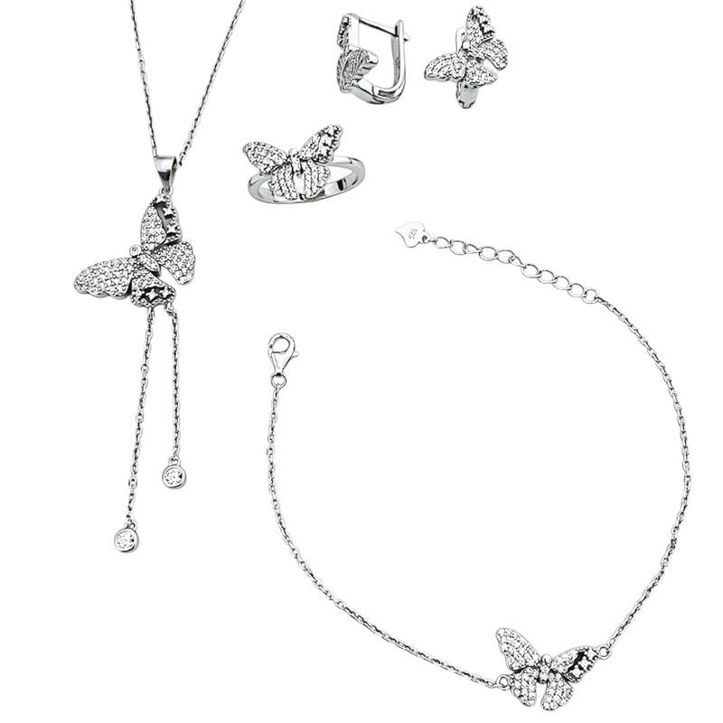 CONJUNTO BORBOLETA CRAVEJADA CRISTAL PRATA 925
