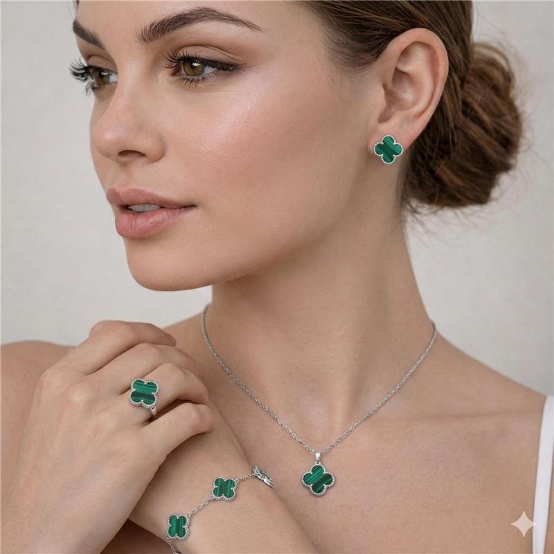 CONJUNTO VANCLEEF MALAQUITA 4 PEÇAS PRATA 925