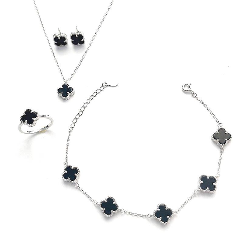 CONJUNTO VANCLEEF ONIX 4 PEÇAS PRATA 925