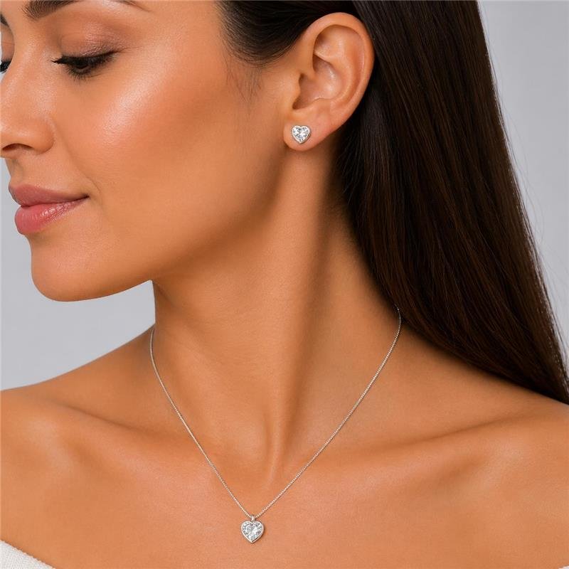 CONJUNTO ZIRCÔNIAS CRISTAL CORAÇÃO EMBUTIDO 6MM PRATA 925