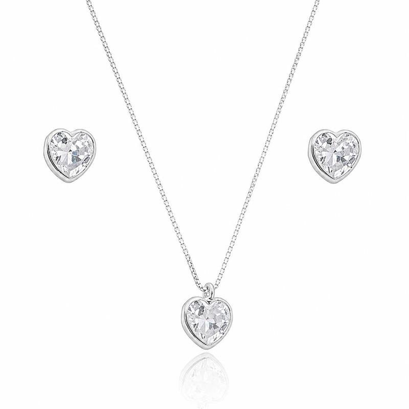 CONJUNTO ZIRCÔNIAS CRISTAL CORAÇÃO EMBUTIDO 6MM PRATA 925