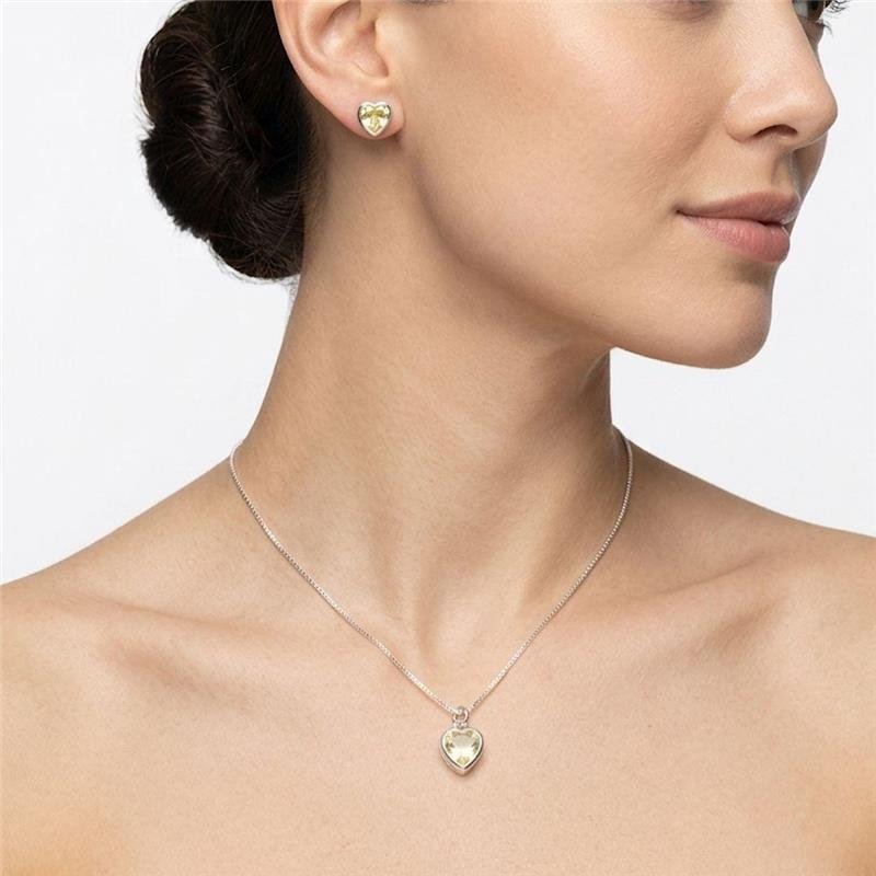 CONJUNTO ZIRCÔNIA CORAÇÃO CITRINO LIMÃO PRATA 925