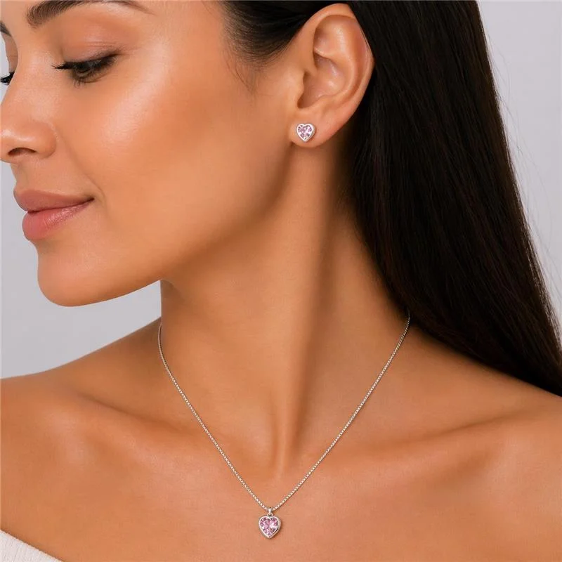 CONJUNTO CORAÇÃO ROSA CLARO ZIRCÔNIAS PRATA 925