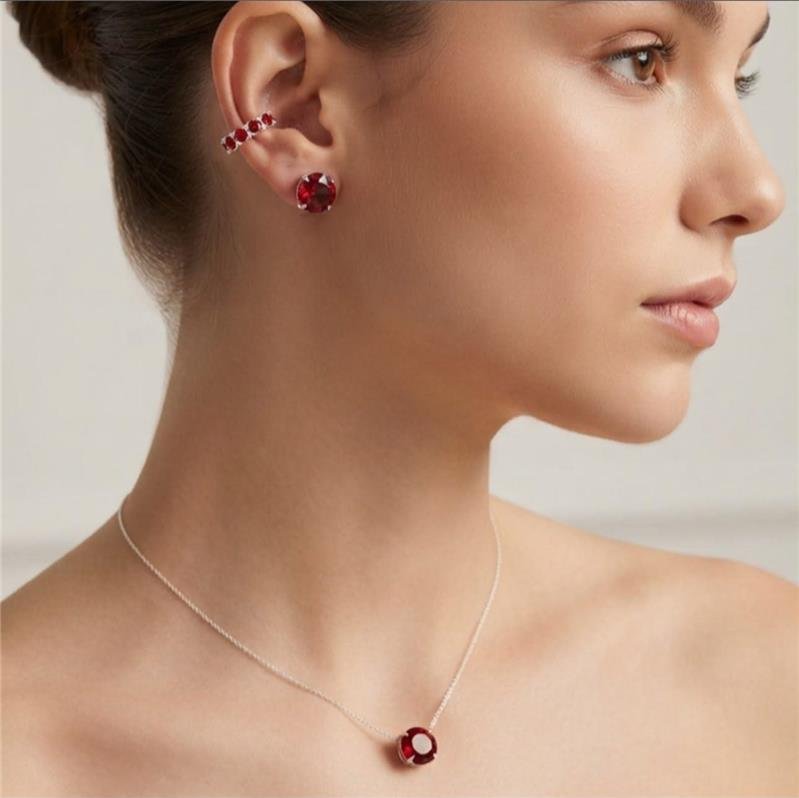 CONJUNTO ZIRCÔNIA VERMELHO RUBI CX ALTA 10MM PRATA 925