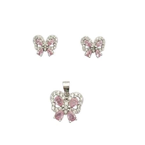 CONJUNTO BORBOLETA CRAVEJADA ROSA PRATA 925