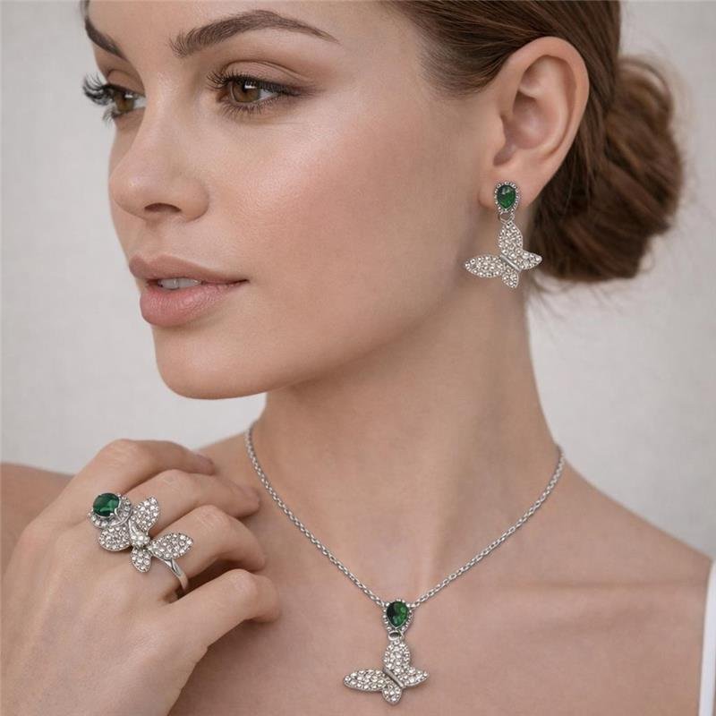 CONJUNTO BORBOLETA CRISTAL E VERDE PRATA 925
