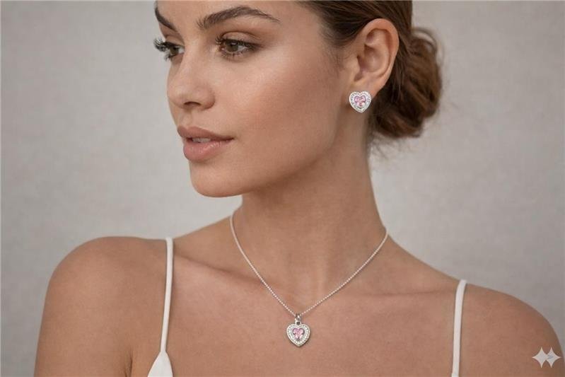 CONJUNTO CORAÇÃO ROSA CRAVEJADO PRA