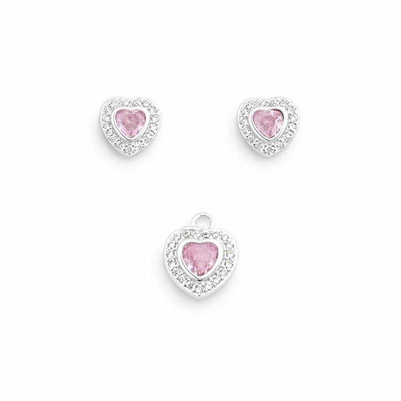 CONJUNTO CORAÇÃO ROSA CRAVEJADO PRA