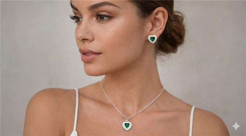 CONJUNTO CRAVEJADO CORAÇÃO VERDE PRATA 925