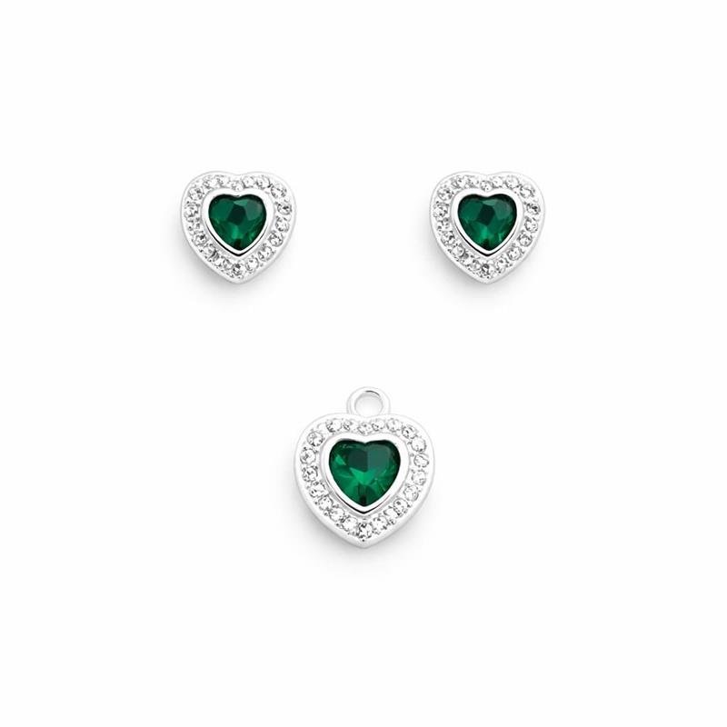 CONJUNTO CRAVEJADO CORAÇÃO VERDE PRATA 925