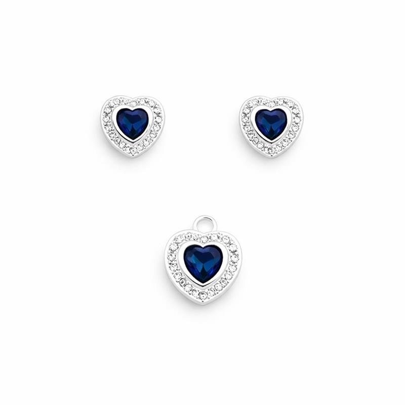 CONJUNTO CORAÇÃO CRAVEJADO AZUL PRATA 925