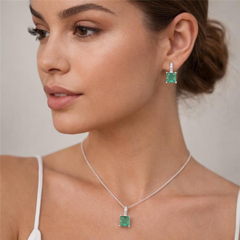 CONJUNTO QUADRADO VERDE CRAVEJADO PRATA 925