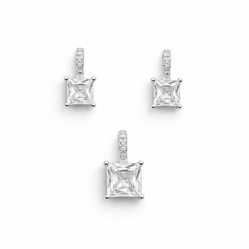 CONJUNTO QUADRADO CRISTAL CRAVEJADO PRATA 925