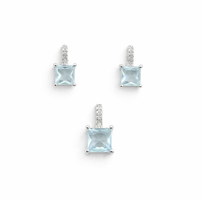 CONJUNTO CRAVEJADO QUADRADO AZUL CLARO PRATA 925 