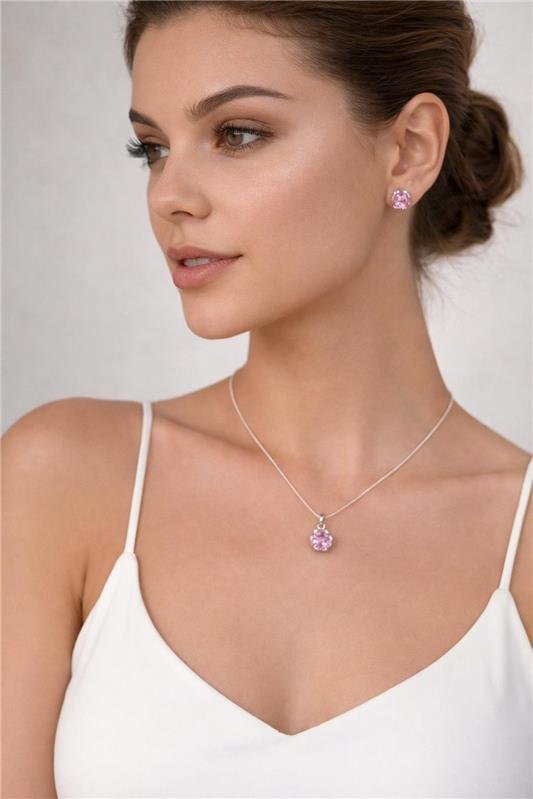 CONJUNTO ZIRCÔNIAS ROSA 5MM PRATA 925