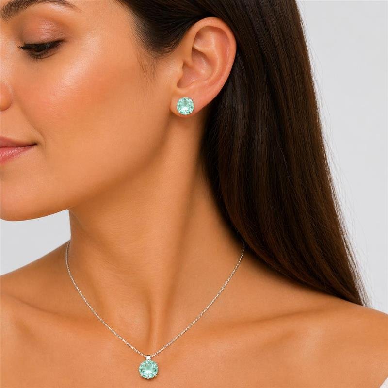 CONJUNTO ZIRCÔNIAS VERDE ÁGUA 10MM PRATA 925