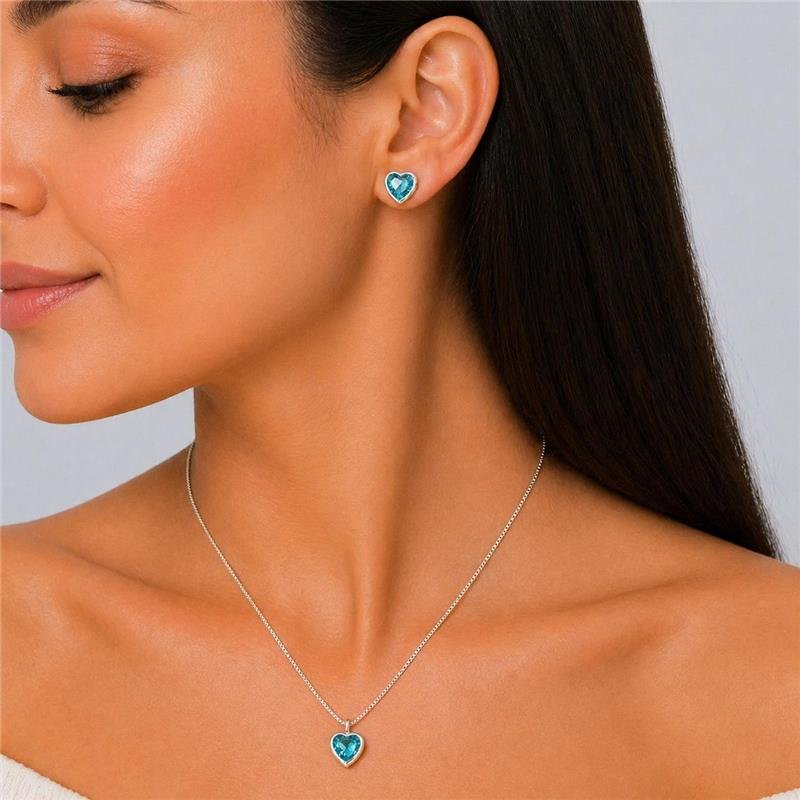 CONJUNTO ZIRCÔNIA CORAÇÃO AZUL PRATA 925