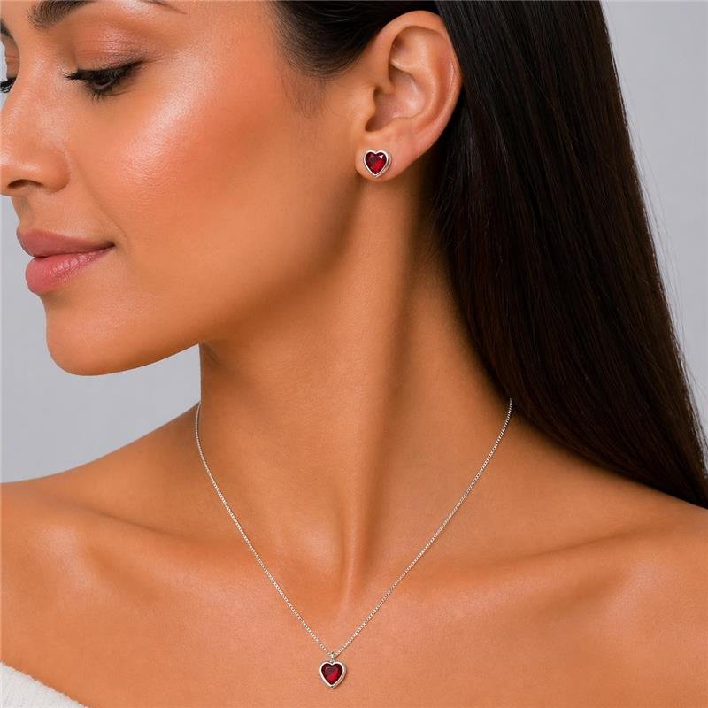 CONJUNTO ZIRCÔNIA CORAÇÃO VERMELHO 6MM PRATA 925 COLAR VENEZIANA V12 40CM