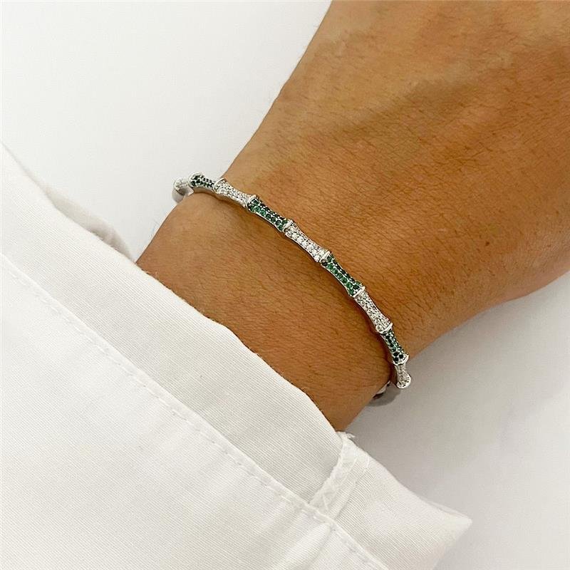 PULSEIRA BRACELETE CRAVEJADO CRISTAL E VERDE PRATA 925