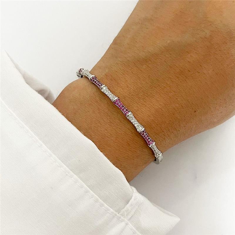 PULSEIRA BRACELETE CRAVEJADO ROSA E CRISTAL PRATA 925