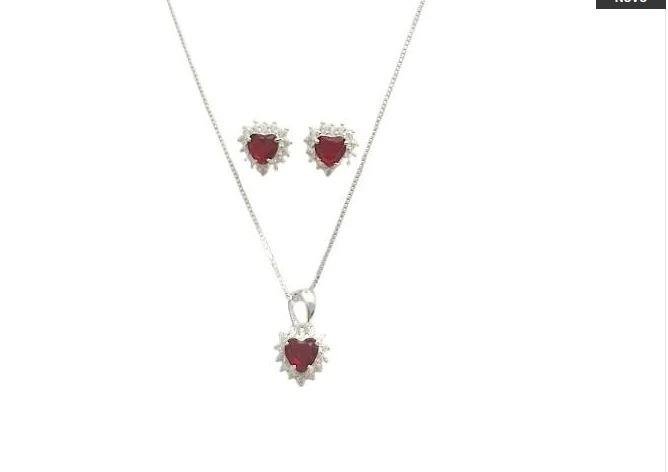 CONJUNTO CORAÇÃO ZIRCÔNIAS VERMELHA PRATA 925