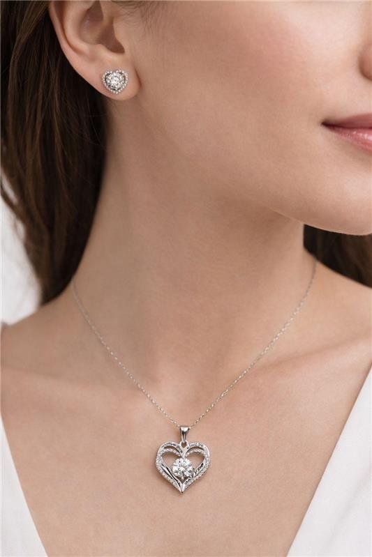 CONJUNTO CORAÇÃO PEDRA 6,5MM PRATA 925