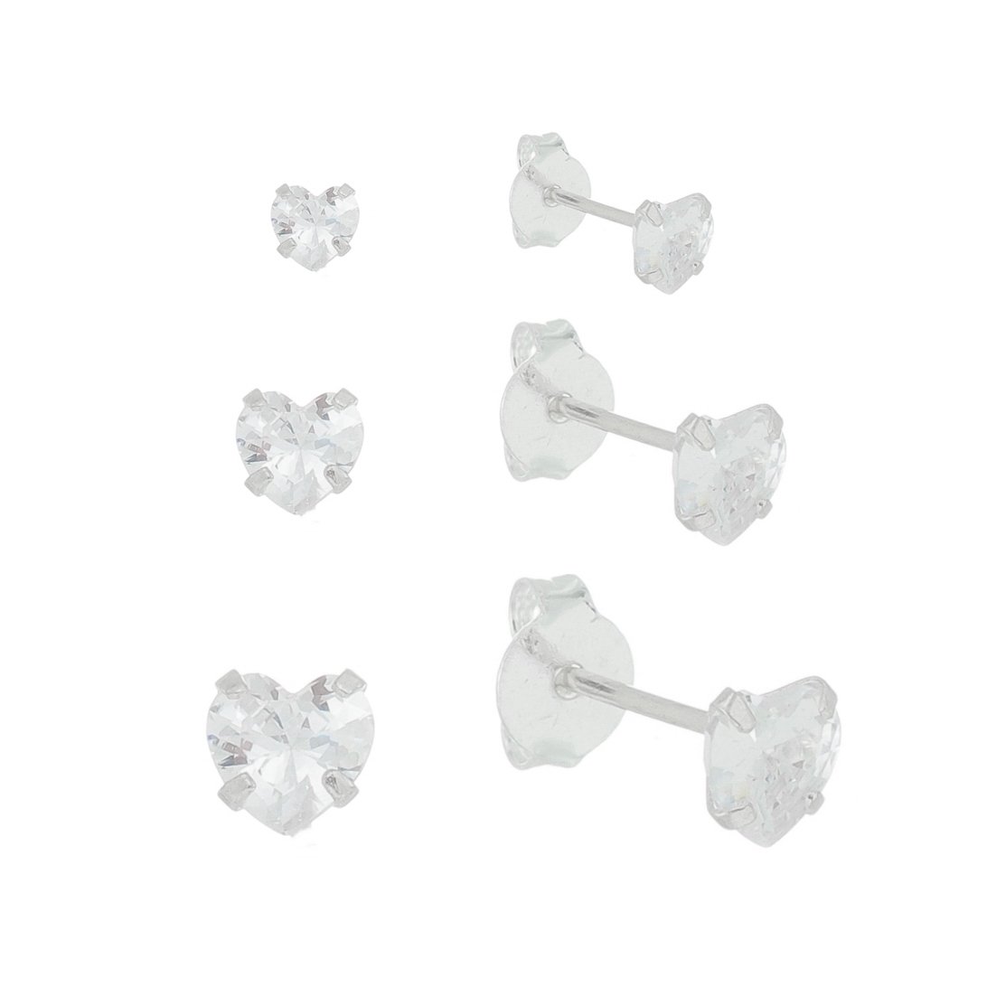 BRINCO TRIO CORAÇÃO ZIRCÔNIA PRATA 925 (3, 4 E 5MM)