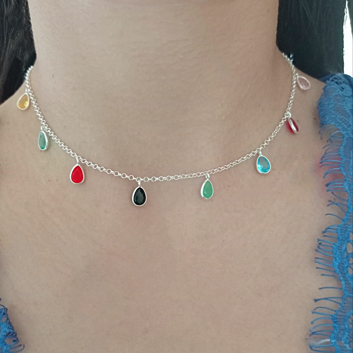 COLAR CHOKER PEDRAS COLORIDAS PRATA 925