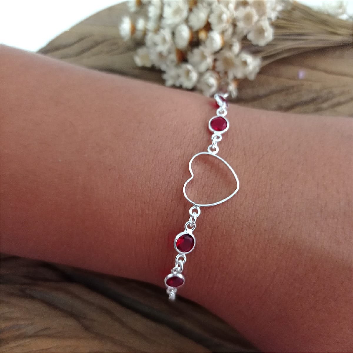 PULSEIRA CORAÇÃO ZIRCÔNIAS VERMELHAS PRATA 925